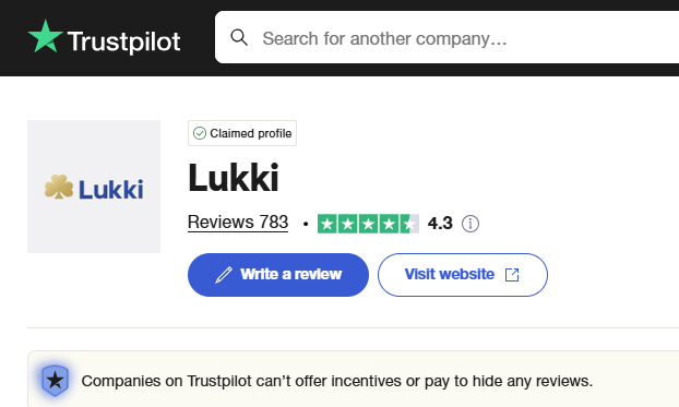 Lukki casino Trustpilot feedback